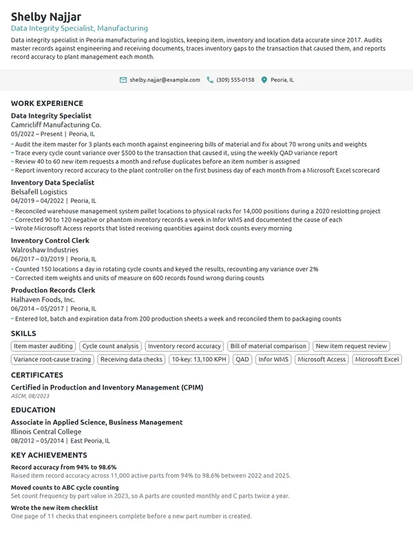 Data Integrity Specialist resume example