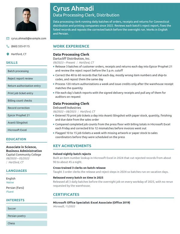 Data Processing Clerk resume example