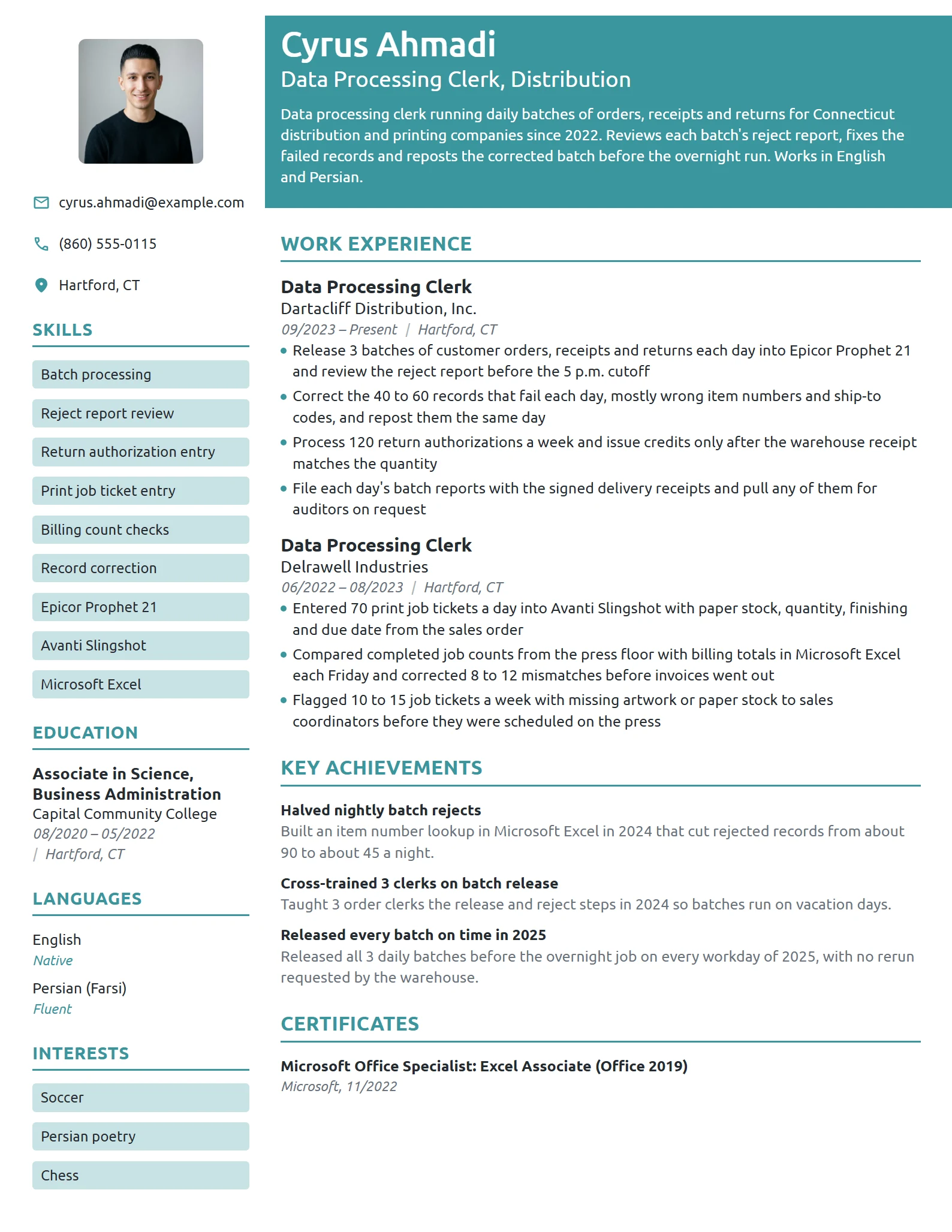 Data Processing Clerk resume example