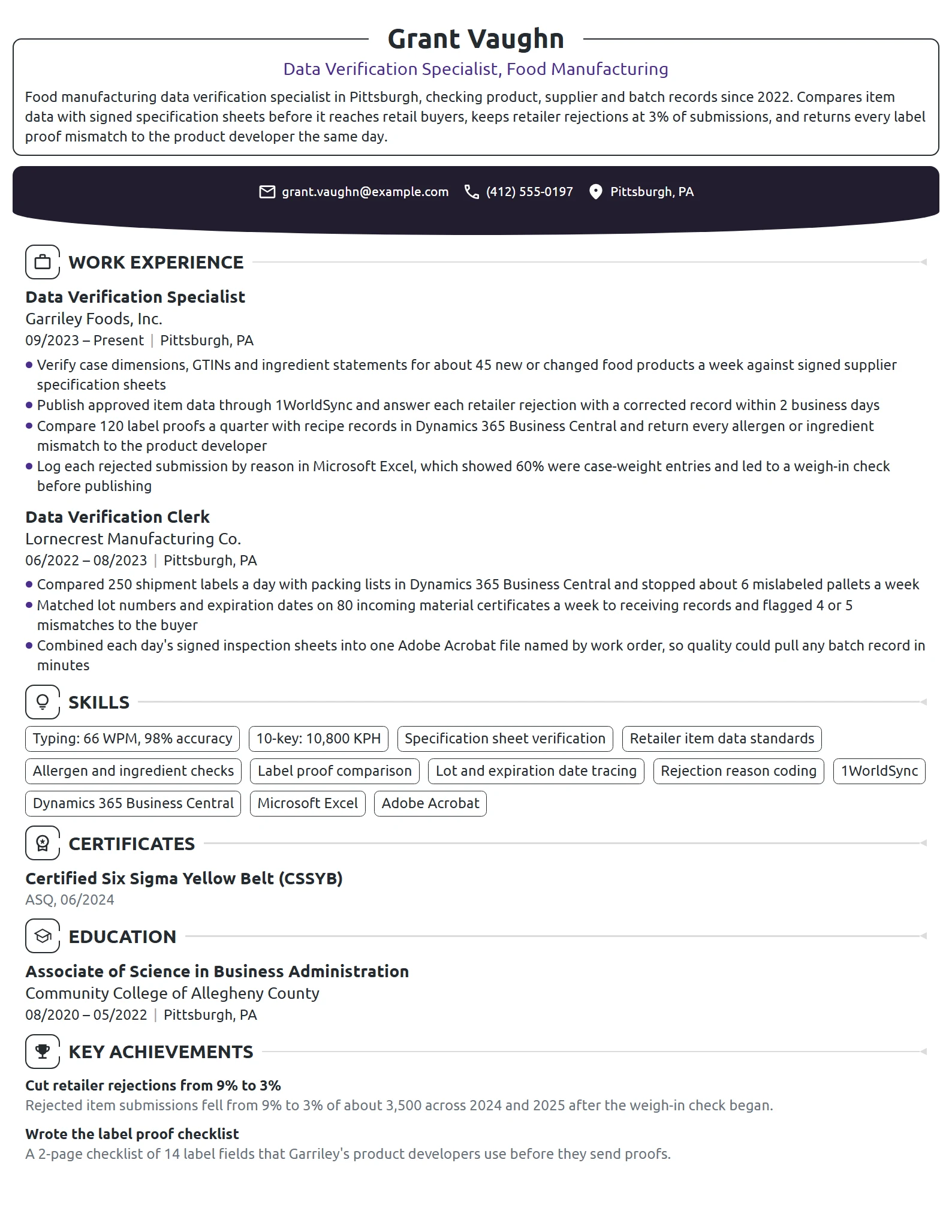 Data Verification Specialist resume example