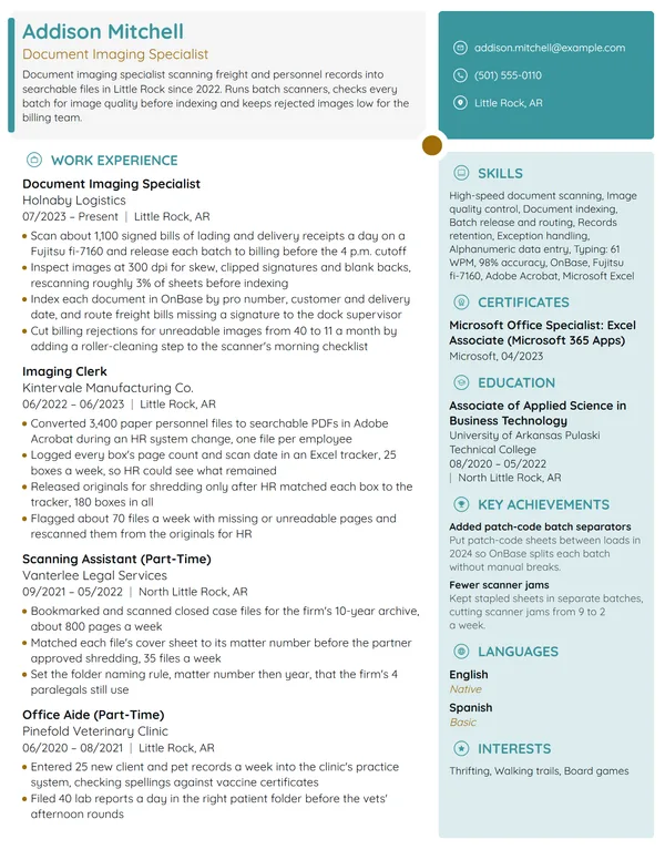 Document Imaging Specialist resume example