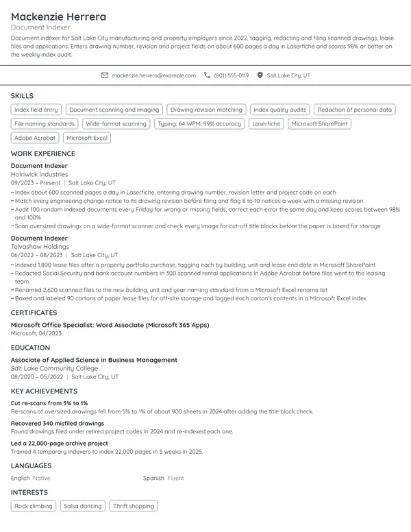 Document Indexer resume example