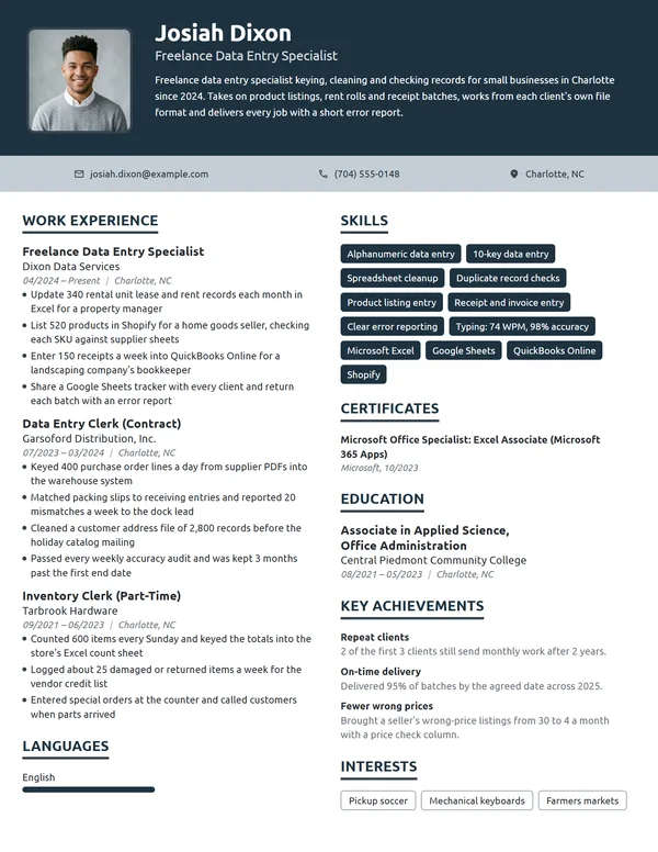 Freelance Data Entry resume example
