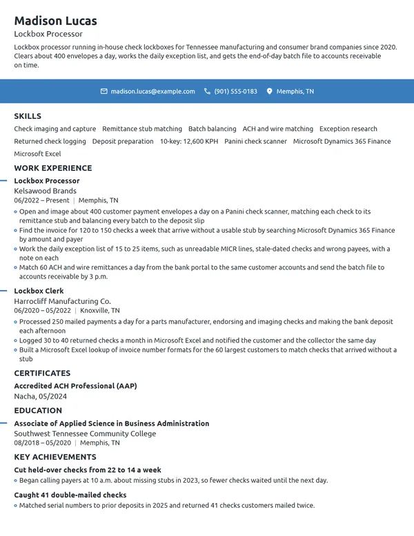 Lockbox Processor resume example