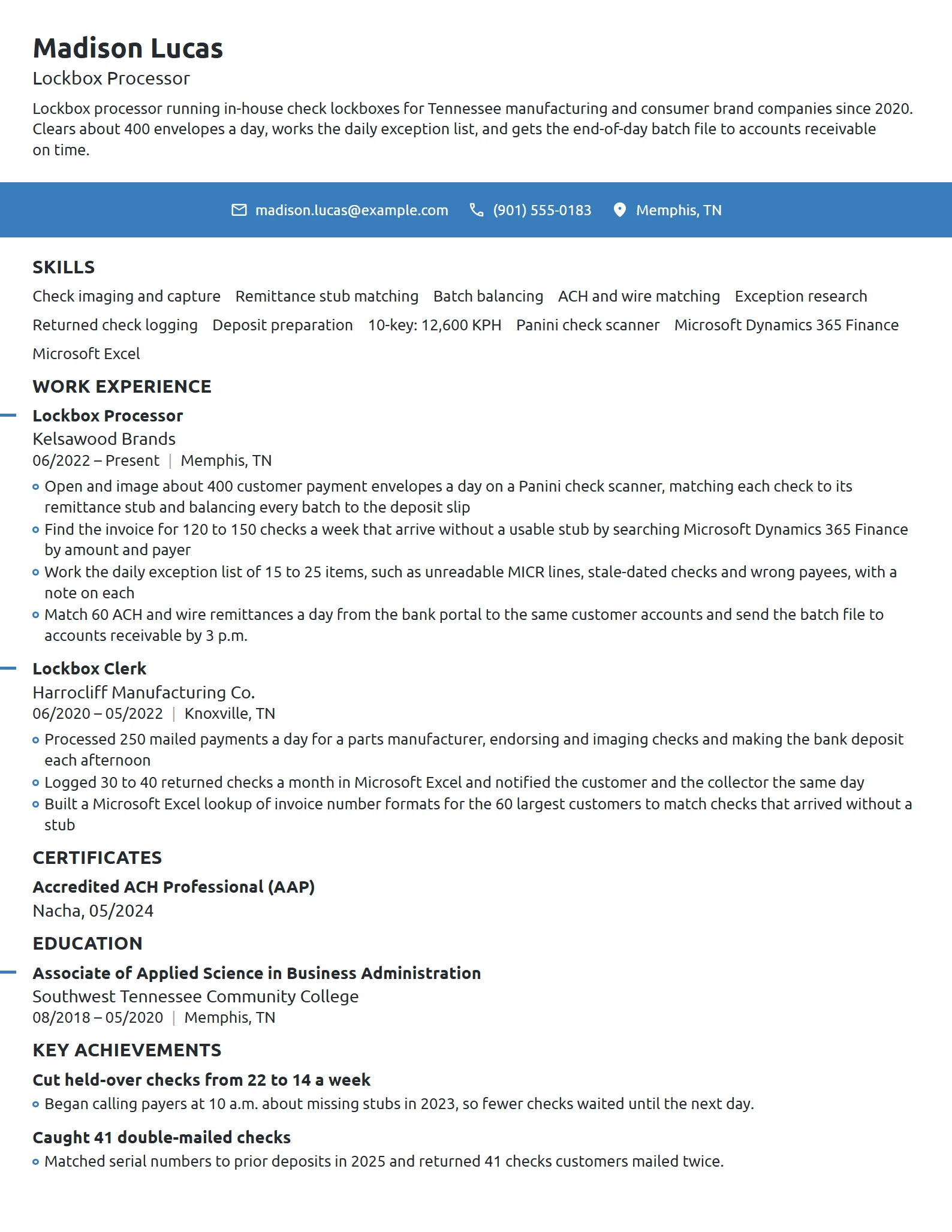 Lockbox Processor resume example