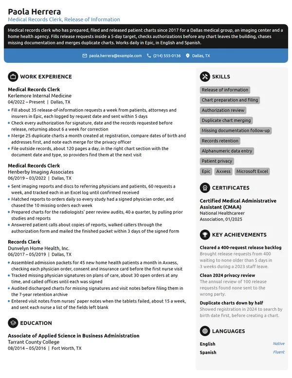 Medical Records Clerk resume example