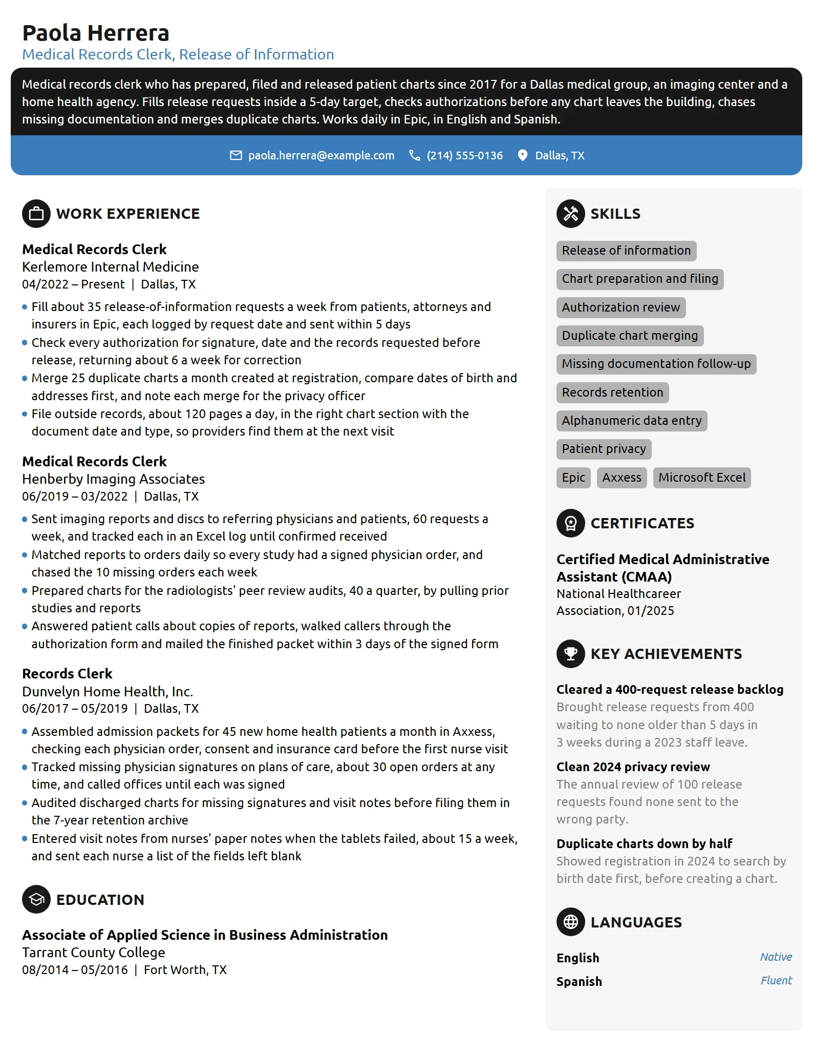 Medical Records Clerk resume example