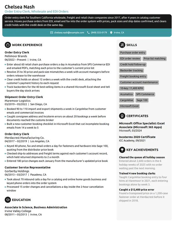 Order Entry Clerk resume example