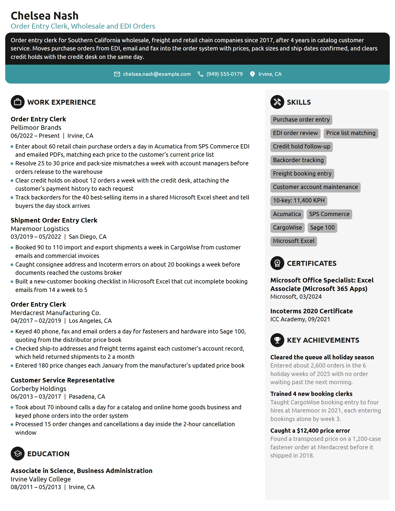 Order Entry Clerk resume example
