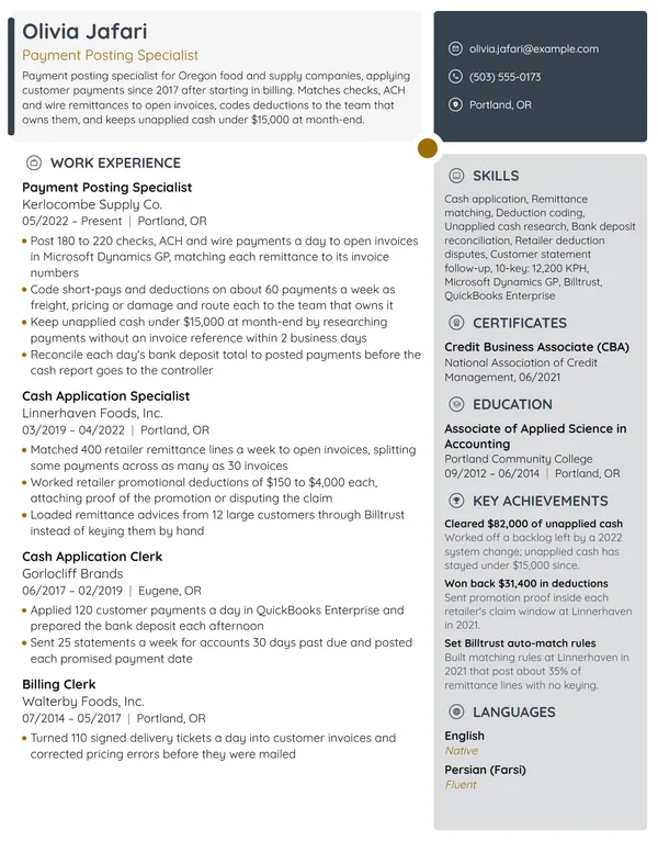Payment Posting Specialist resume example