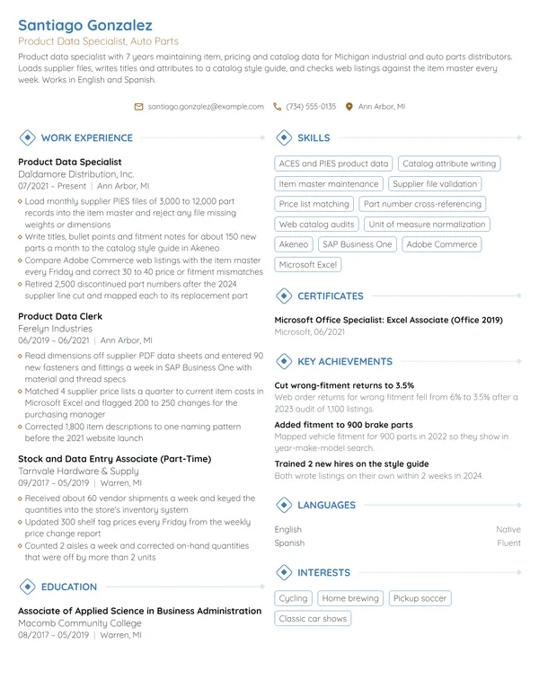 Product Data Specialist resume example