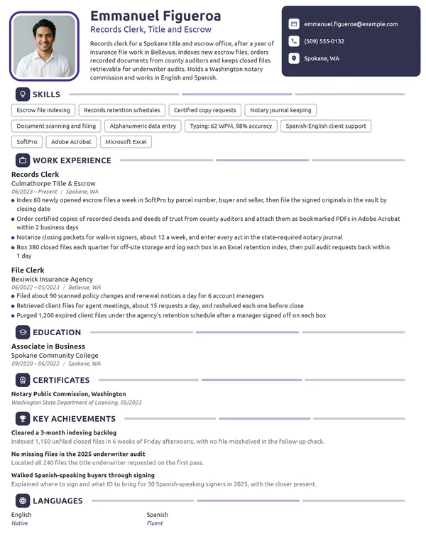 Records Clerk resume example