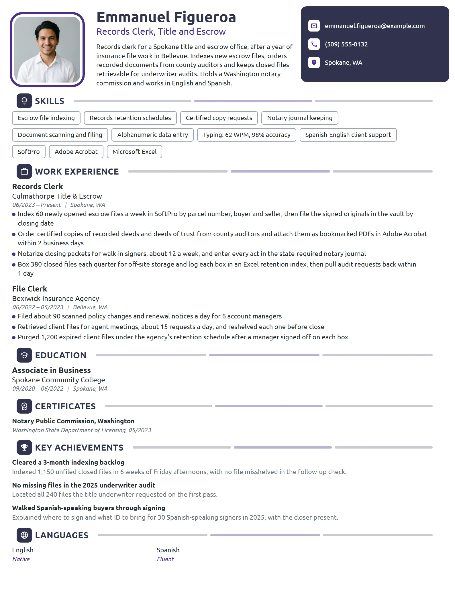 Records Clerk resume example