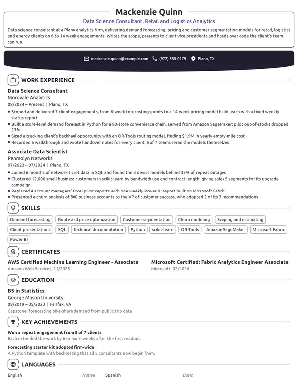 Data Science Consultant resume example