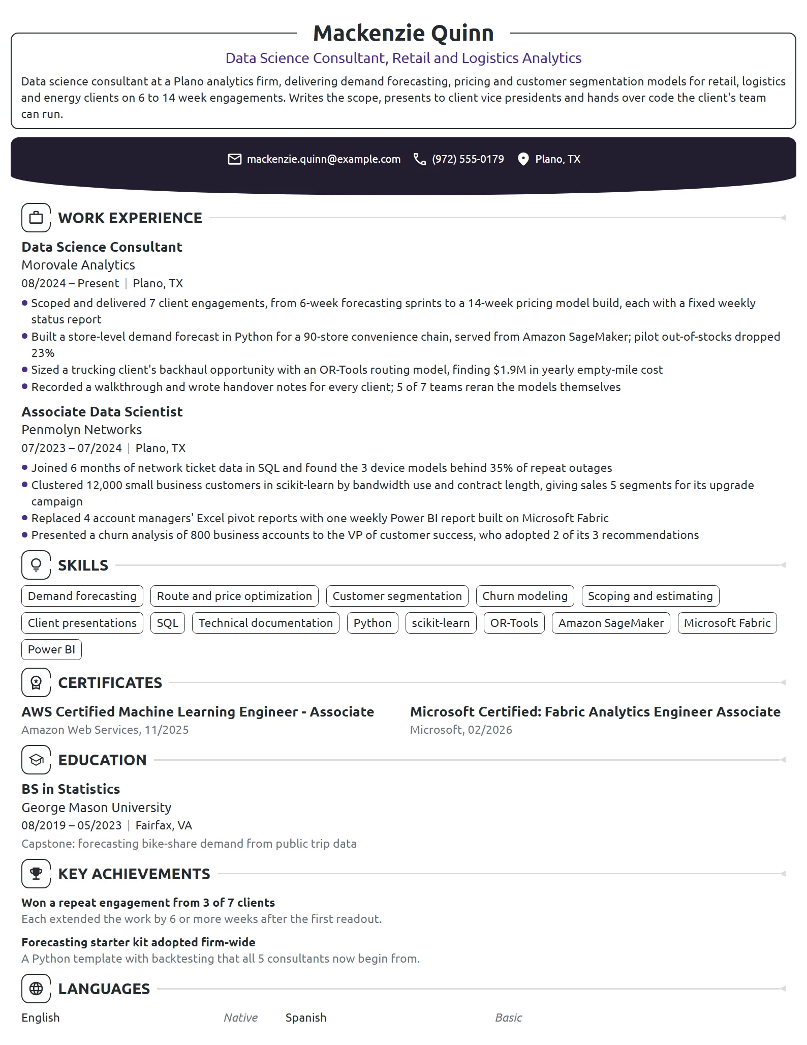 Data Science Consultant resume example