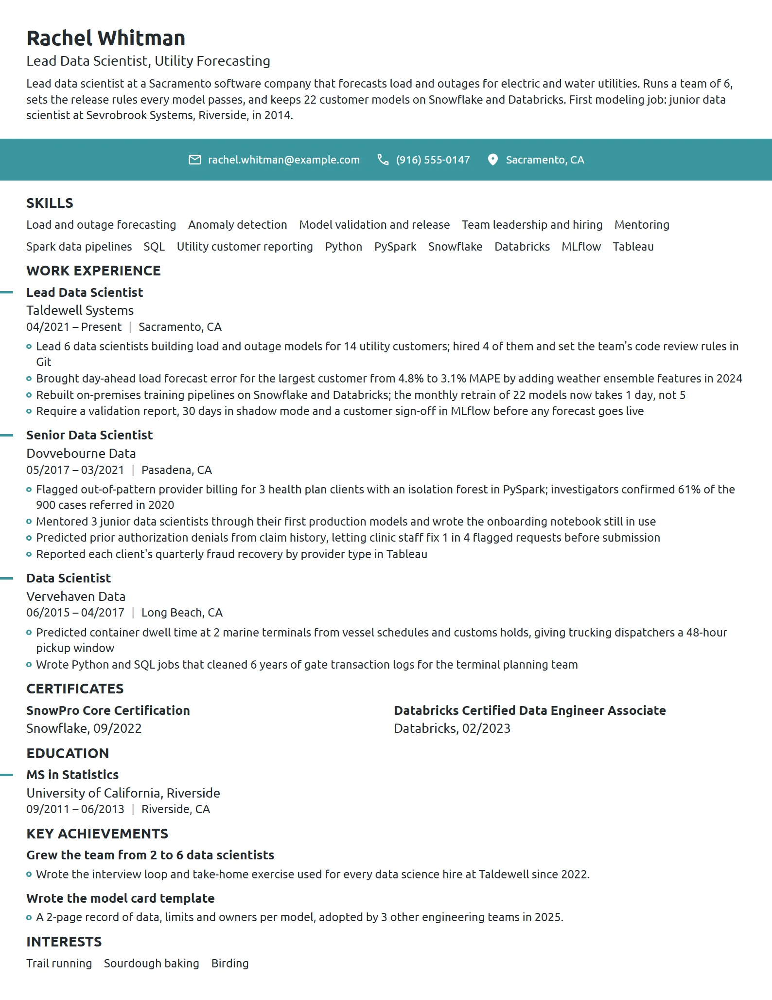 Lead Data Scientist resume example