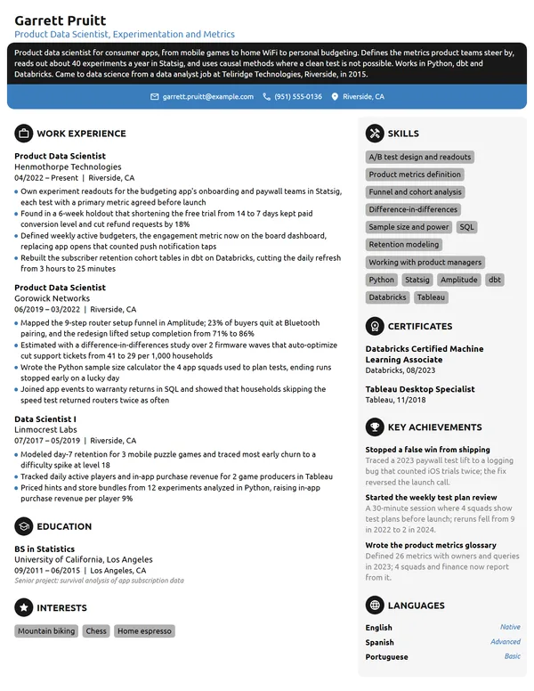 Product Data Scientist resume example