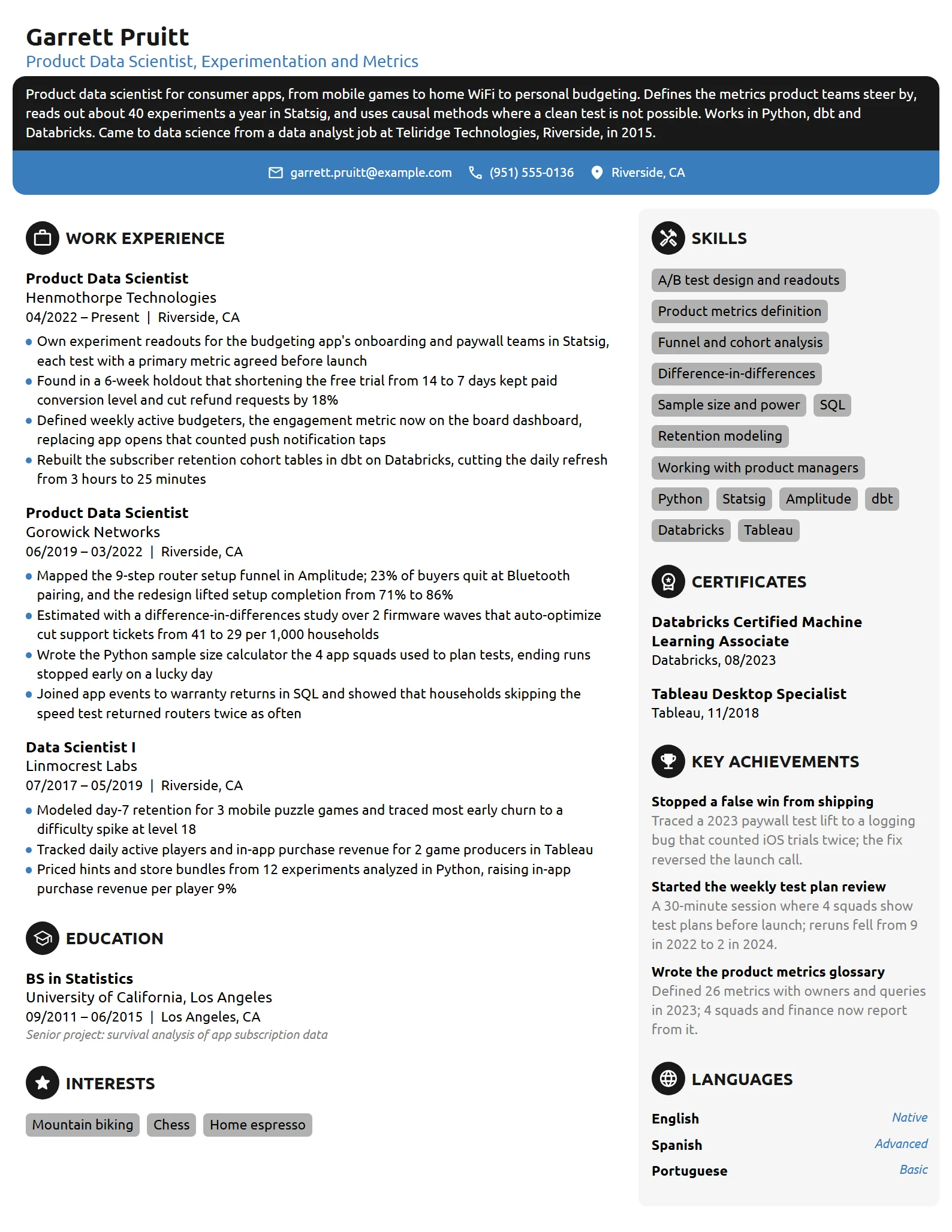 Product Data Scientist resume example