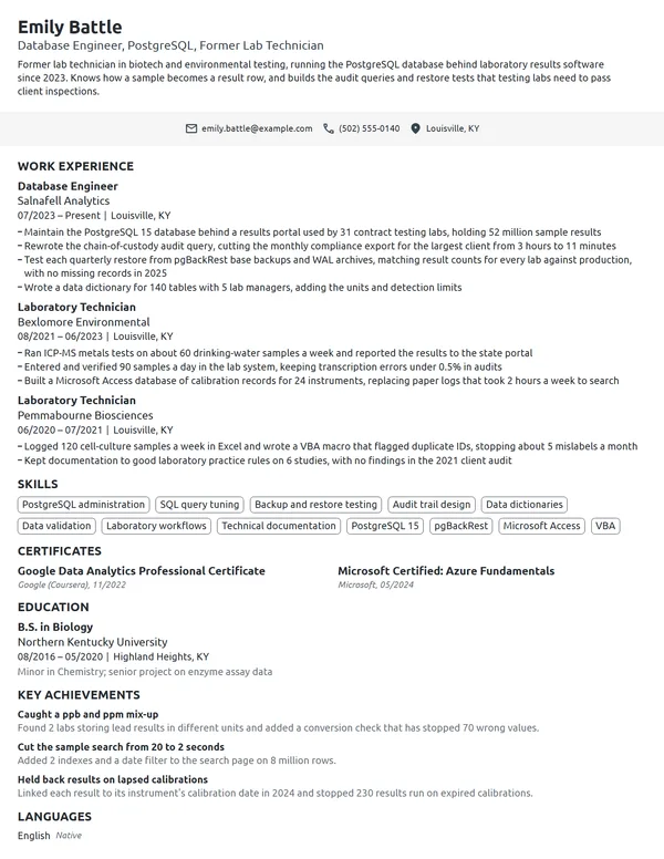 Career Change Database Engineer resume example