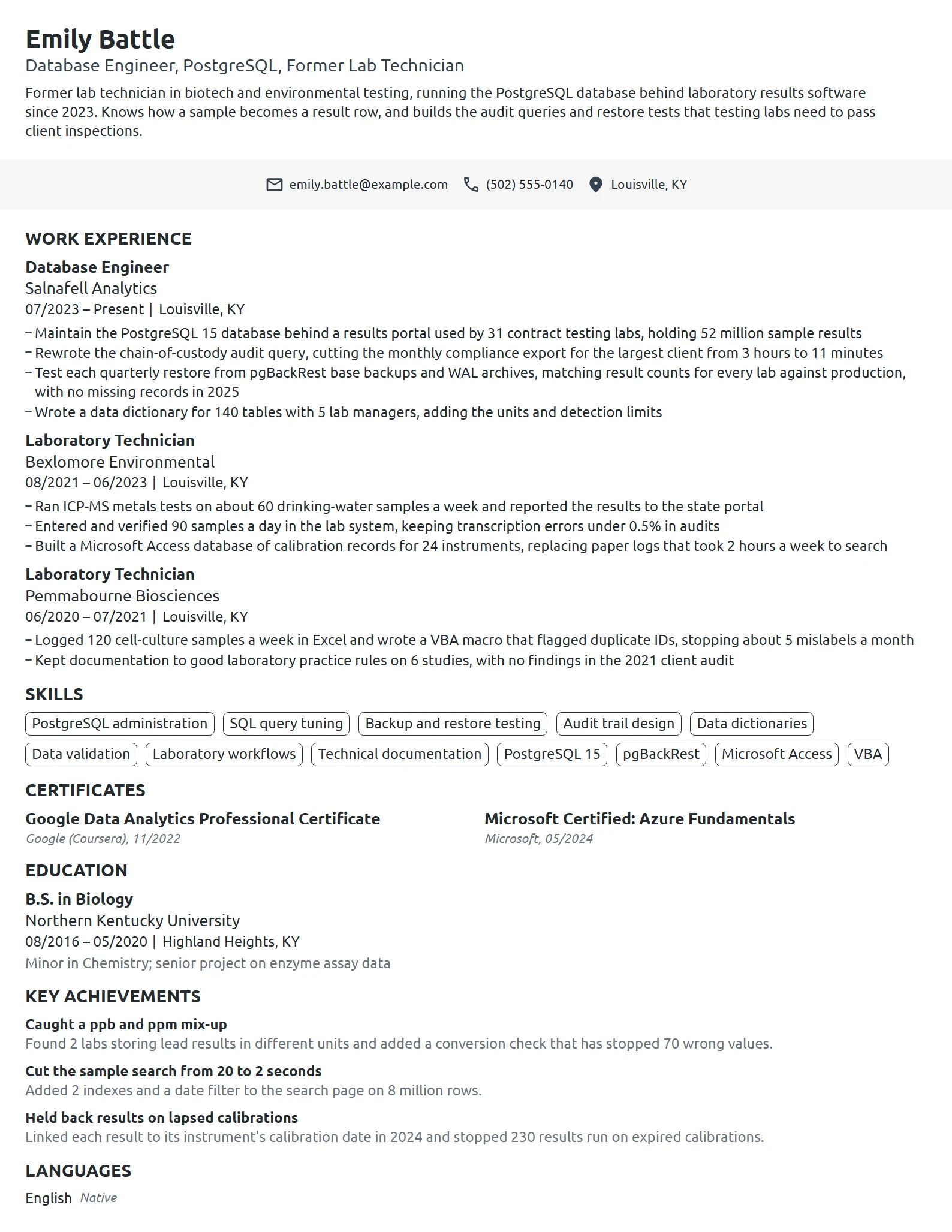 Career Change Database Engineer resume example