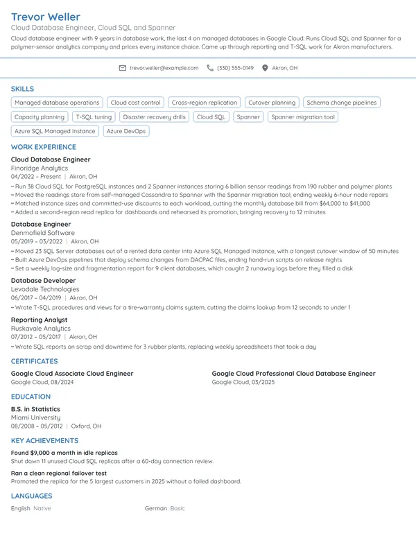 Cloud Database Engineer resume example
