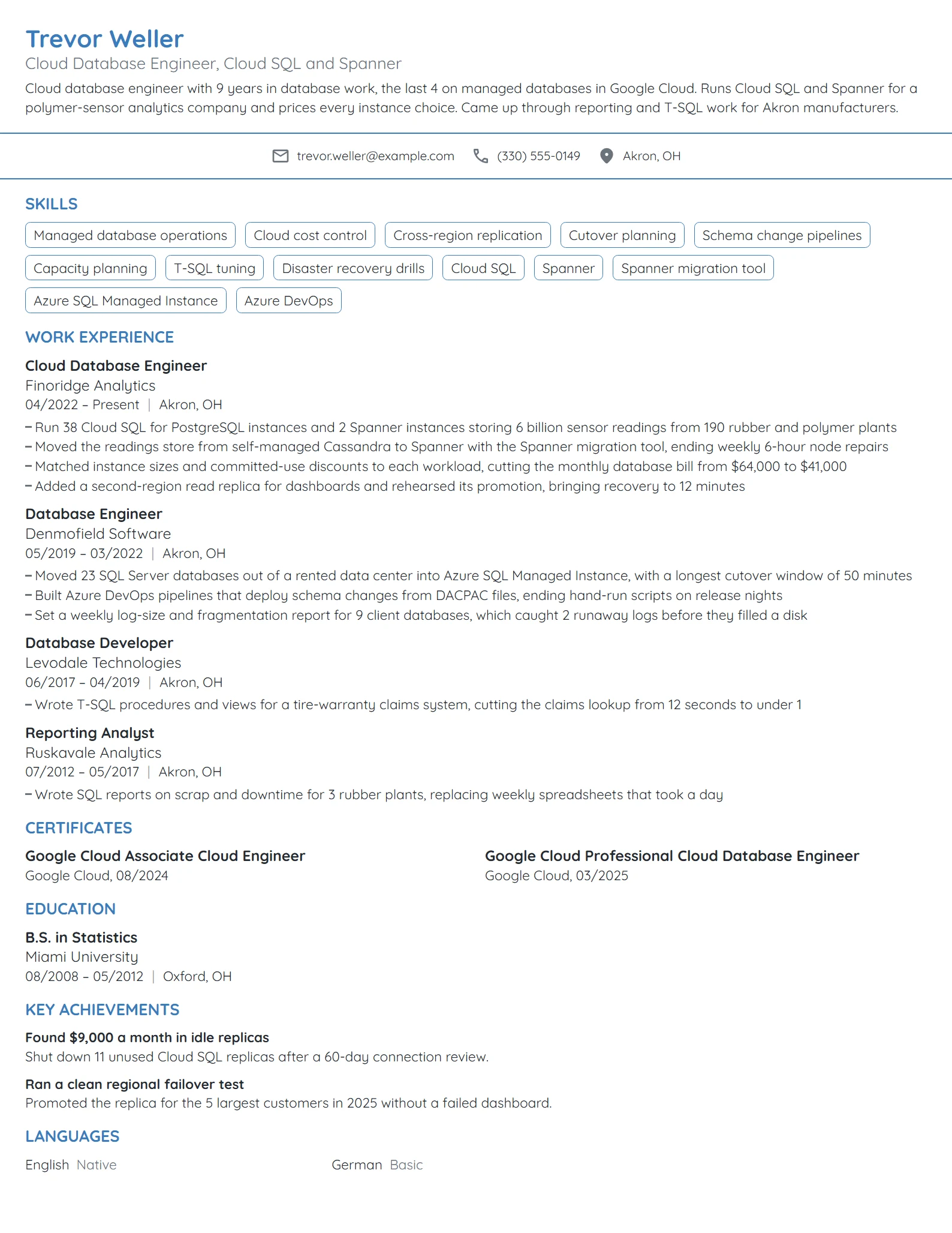 Cloud Database Engineer resume example