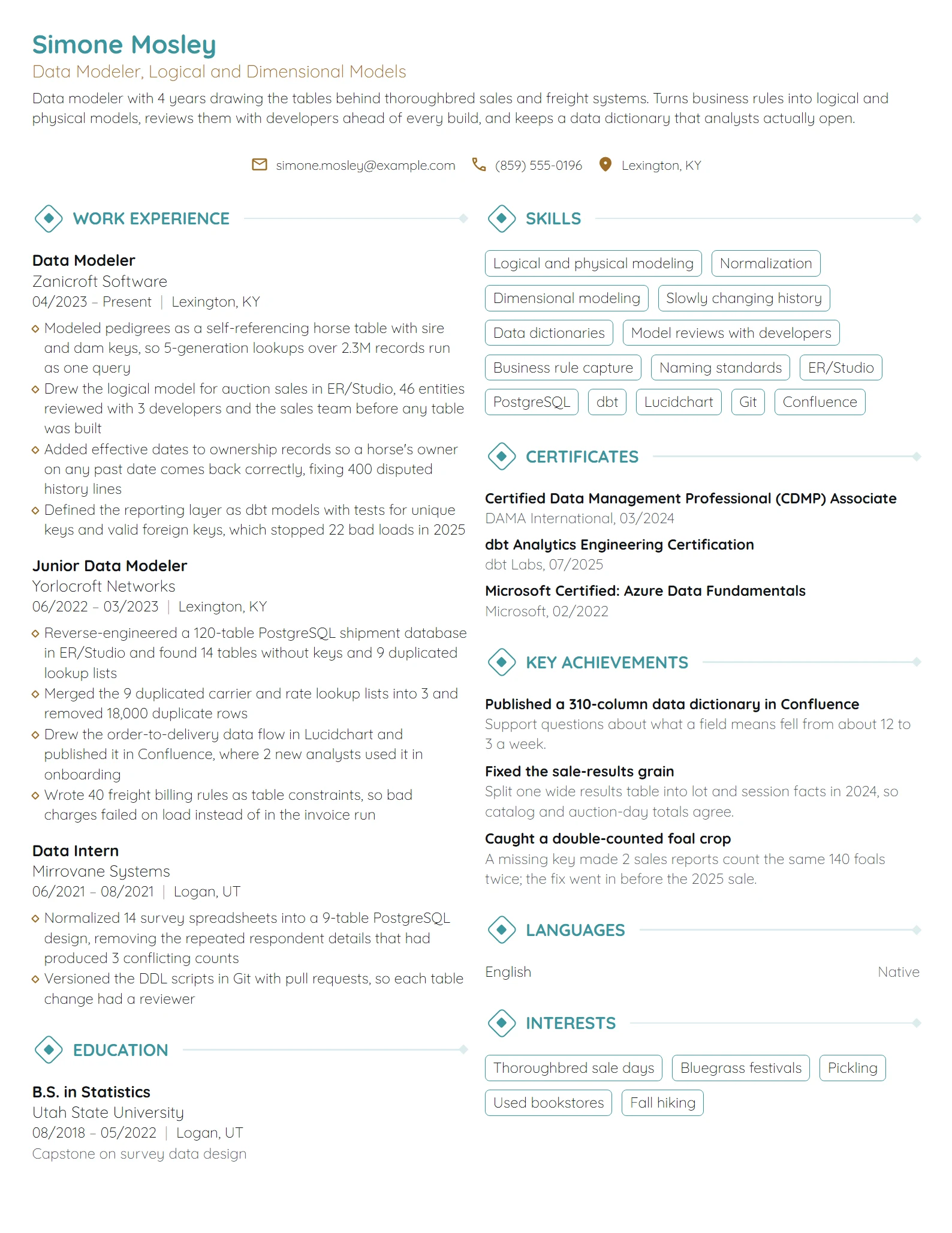 Data Modeler resume example