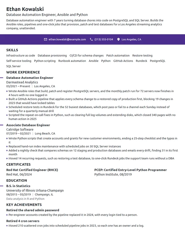 Database Automation Engineer resume example