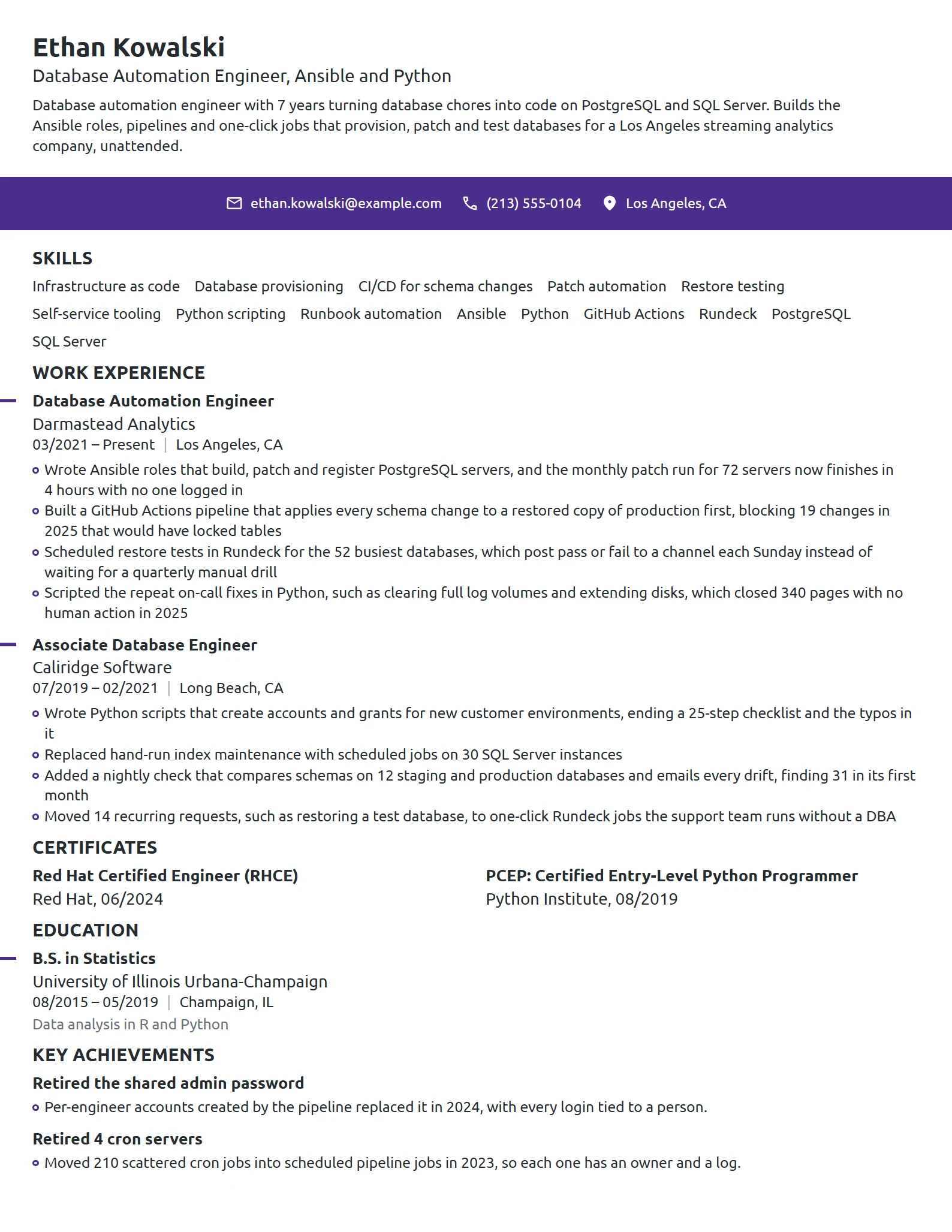 Database Automation Engineer resume example