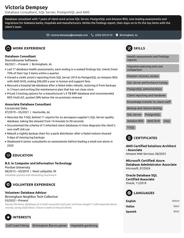 Database Consultant resume example