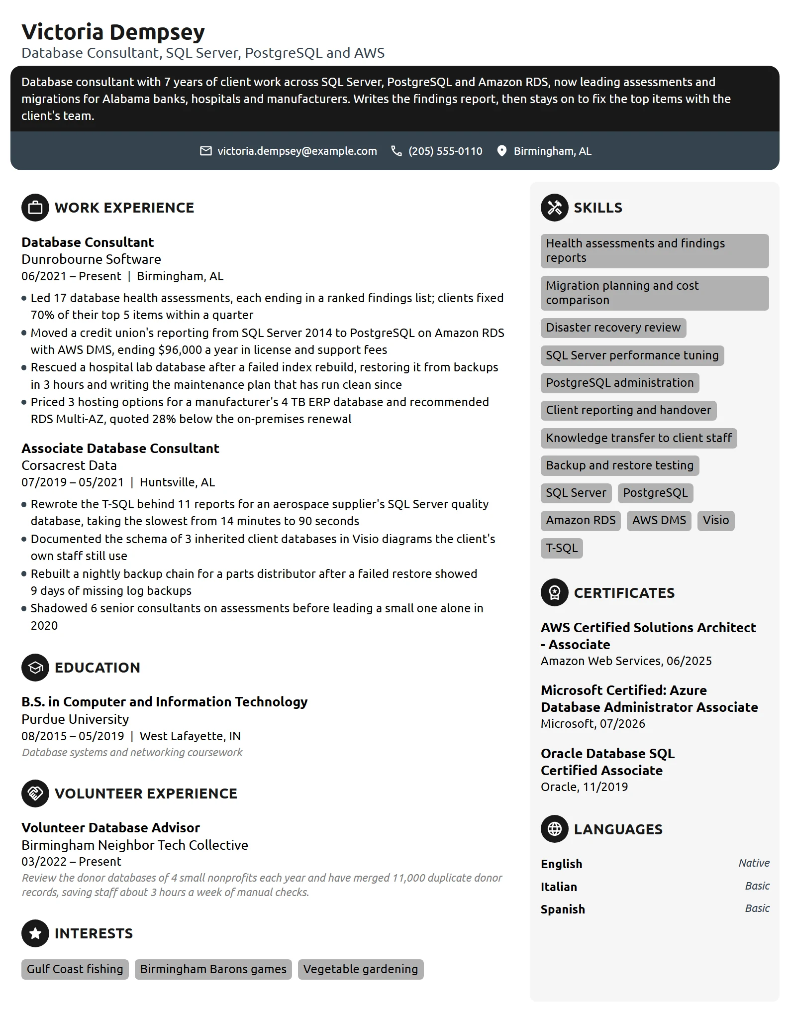 Database Consultant resume example