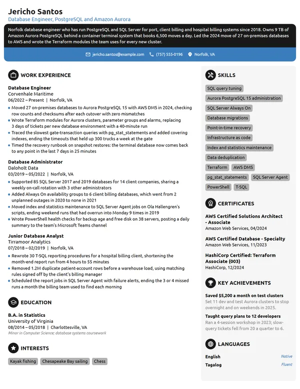 Database Engineer resume example