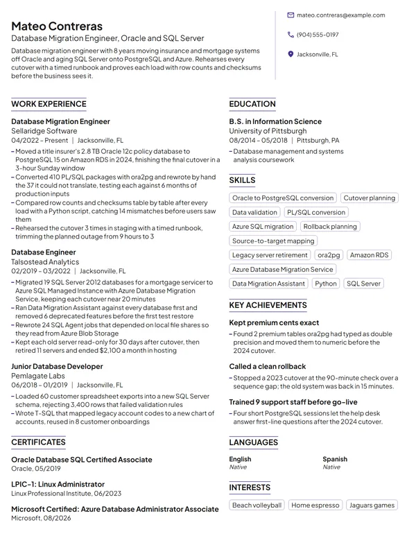 Database Migration Engineer resume example