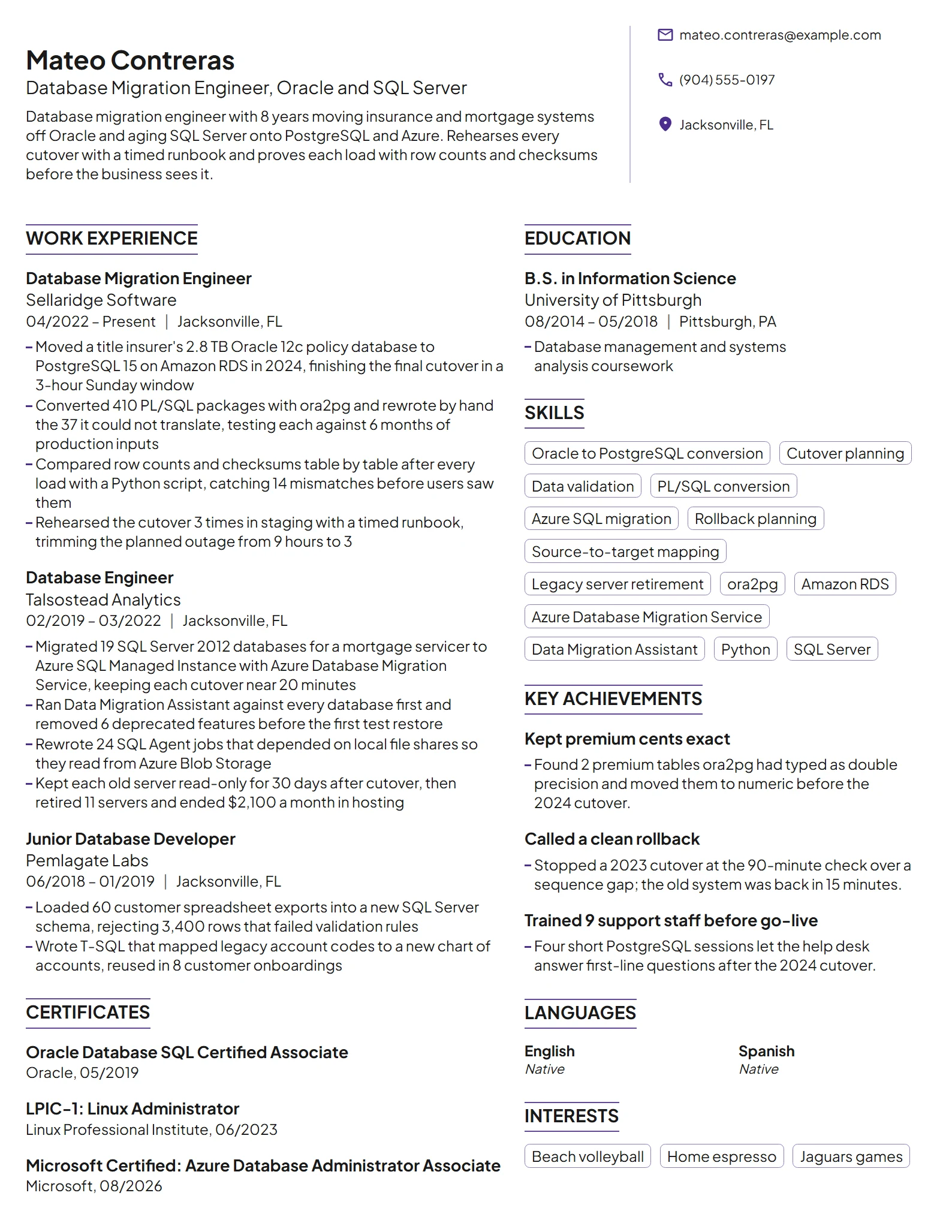Database Migration Engineer resume example