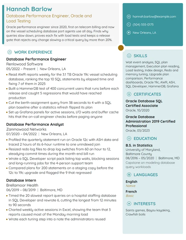 Database Performance Engineer resume example