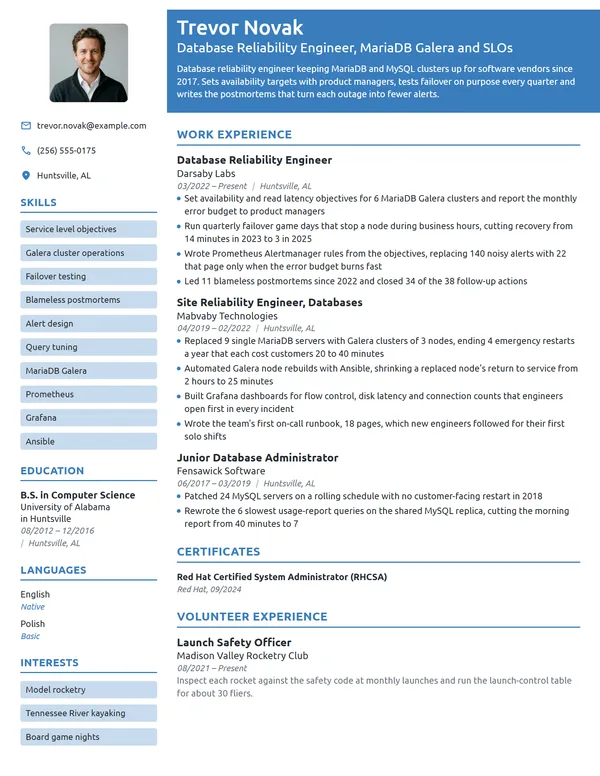 Database Reliability Engineer resume example
