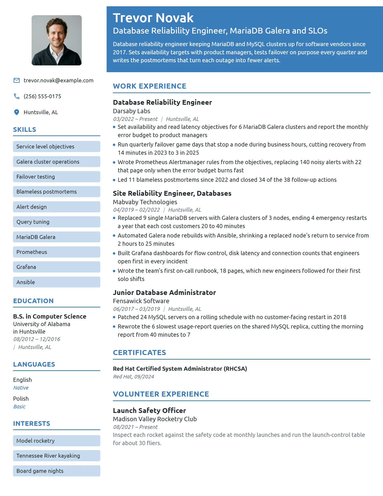 Database Reliability Engineer resume example