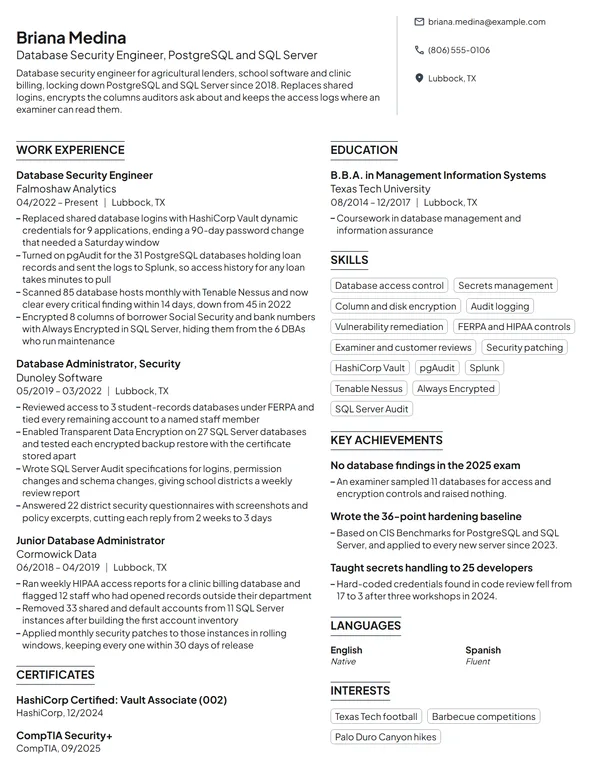 Database Security Engineer resume example