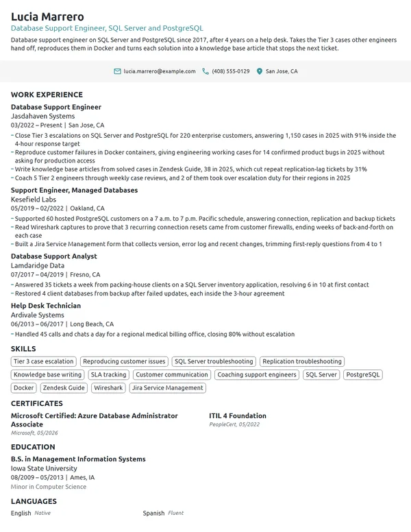 Database Support Engineer resume example