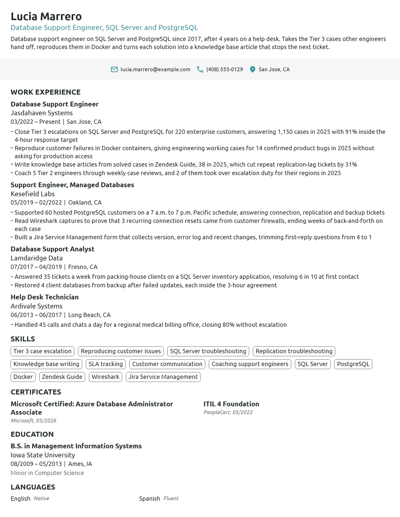 Database Support Engineer resume example