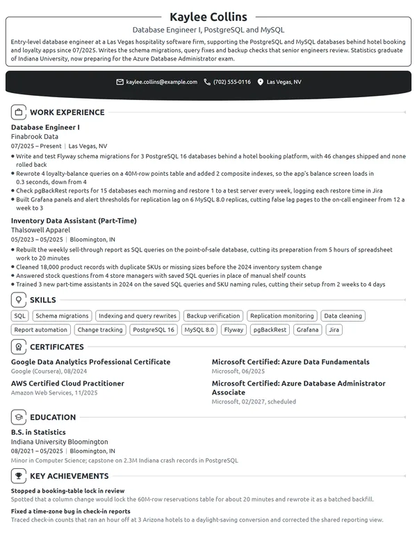 Entry-Level Database Engineer resume example