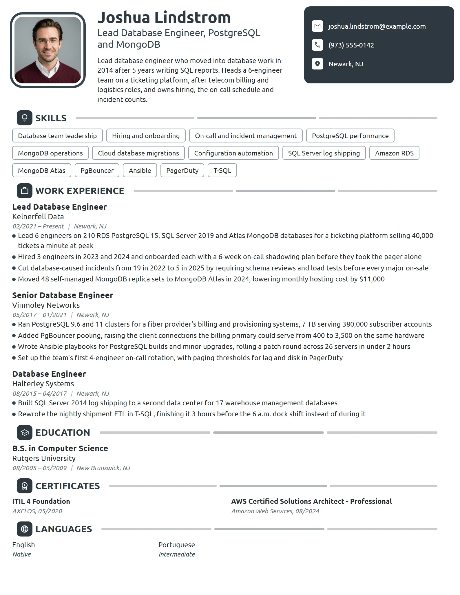 Lead Database Engineer resume example