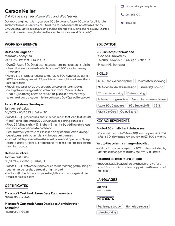 Mid-Level Database Engineer resume example