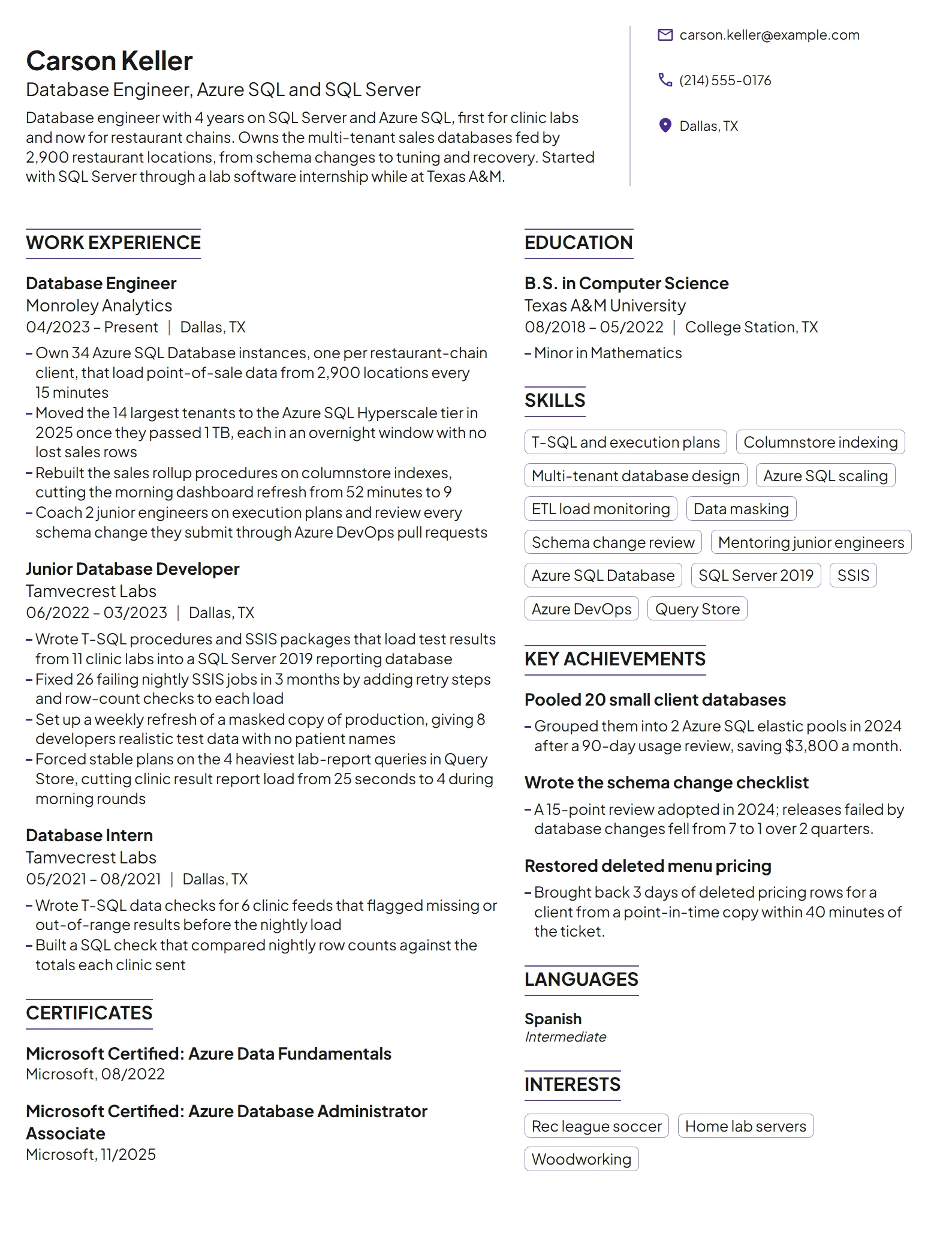 Mid-Level Database Engineer resume example