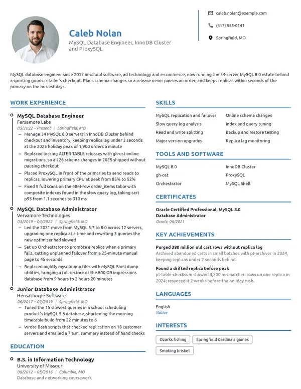 MySQL Database Engineer resume example