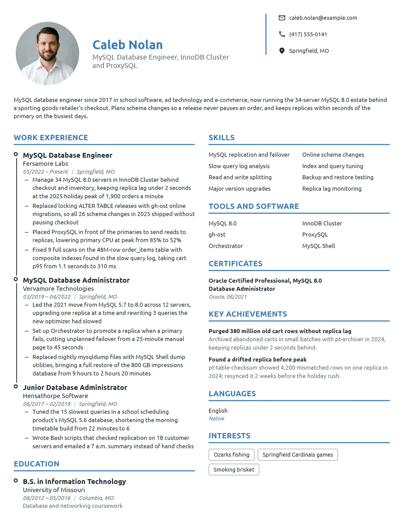 MySQL Database Engineer resume example