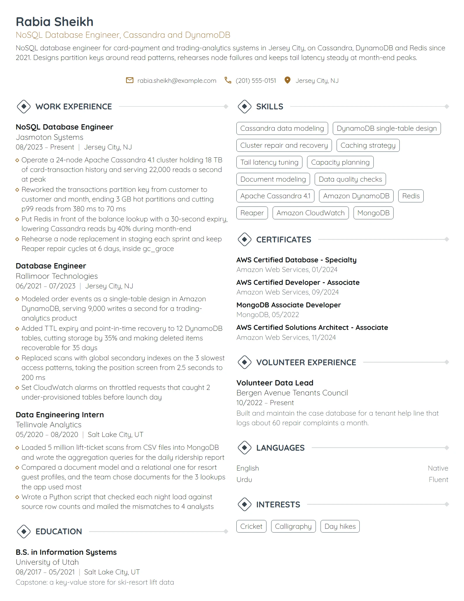 NoSQL Database Engineer resume example