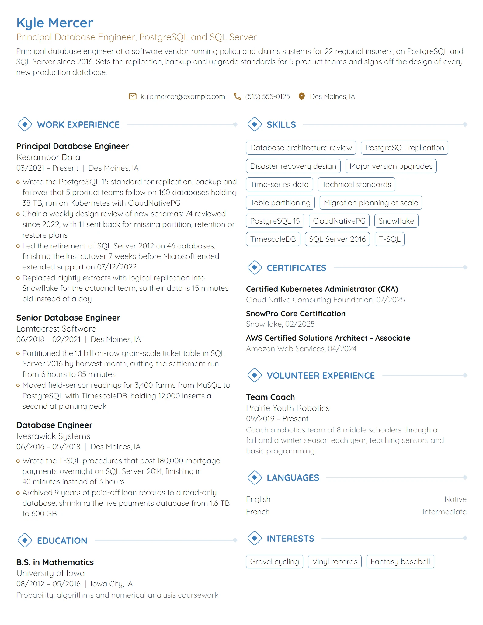 Principal Database Engineer resume example