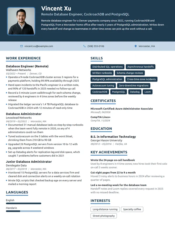 Remote Database Engineer resume example