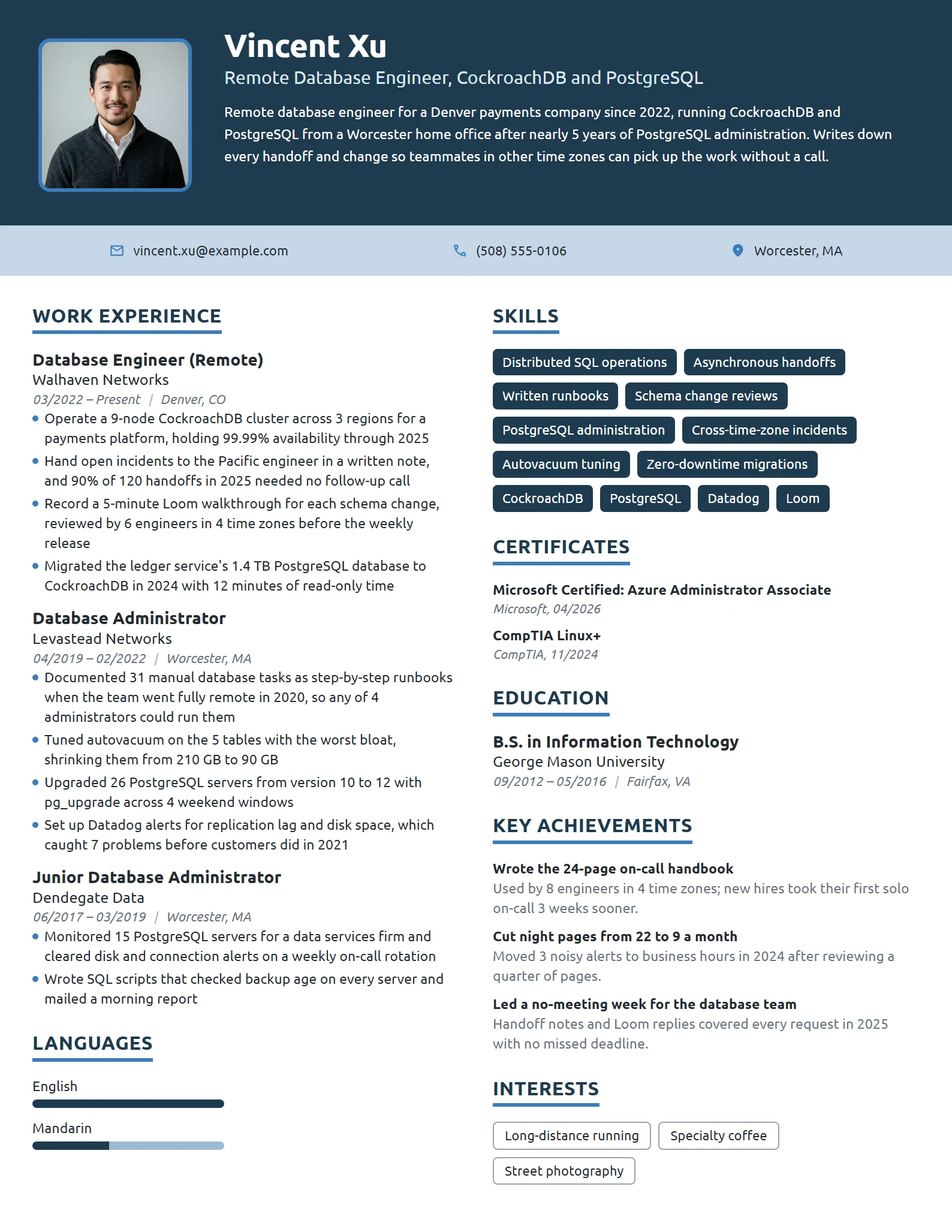 Remote Database Engineer resume example